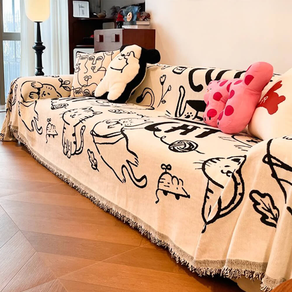 Copertura per divano in chenille reversibile con motivo di gatti disegnati a mano carini.