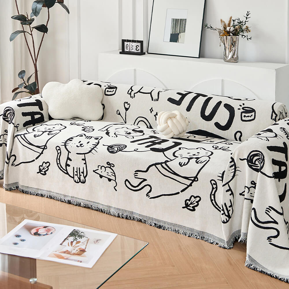 Copertura per divano in chenille reversibile con motivo di gatti disegnati a mano carini.