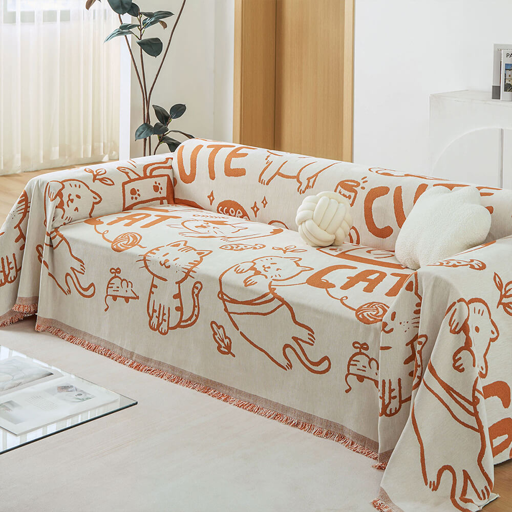 Copertura per divano in chenille reversibile con motivo di gatti disegnati a mano carini.