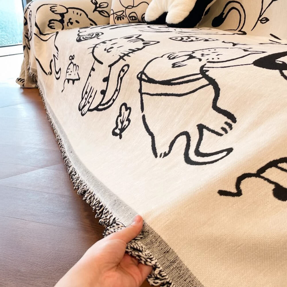 Copertura per divano in chenille reversibile con motivo di gatti disegnati a mano carini.