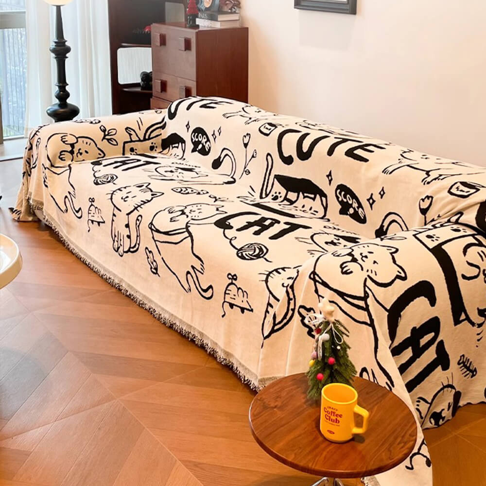 Copertura per divano in chenille reversibile con motivo di gatti disegnati a mano carini.