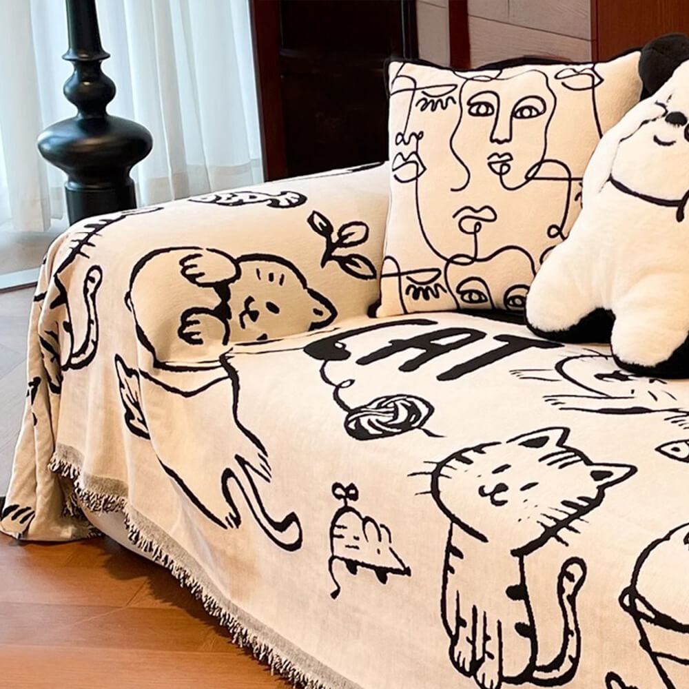 Copertura per divano in chenille reversibile con motivo di gatti disegnati a mano carini.