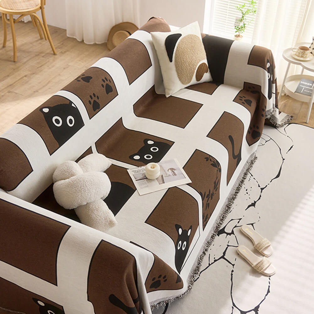 Copertura per divano in chenille reversibile con motivo di gatti disegnati a mano carini.