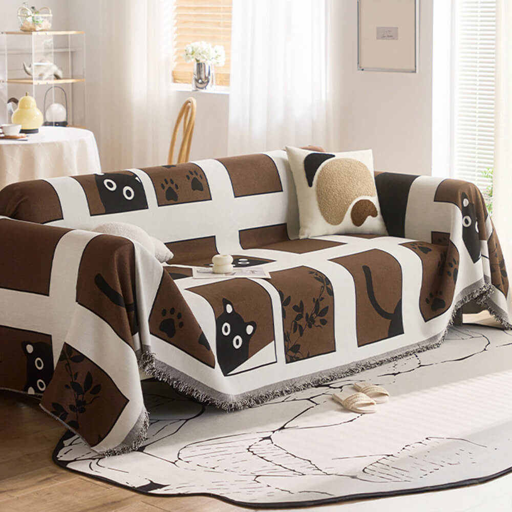 Copertura per divano in chenille reversibile con motivo di gatti disegnati a mano carini.