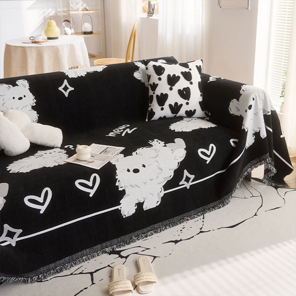 Copertura per divano in chenille reversibile con motivo di gatti disegnati a mano carini.