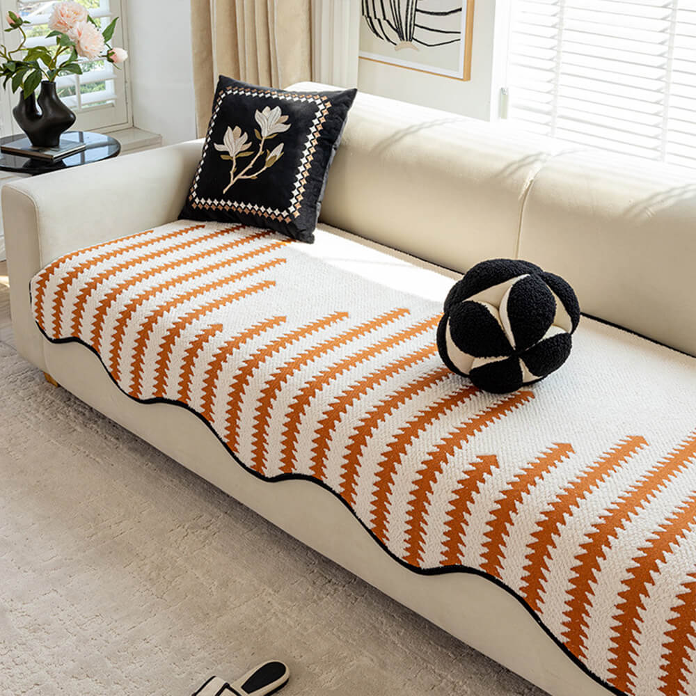 Copertura per divano in chenille a righe a zigzag moderne con bordi ondulati