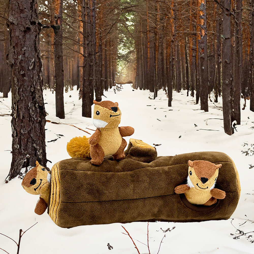 Giocattolo interattivo per cani a forma di scoiattolo per nascondino con tronco d'albero