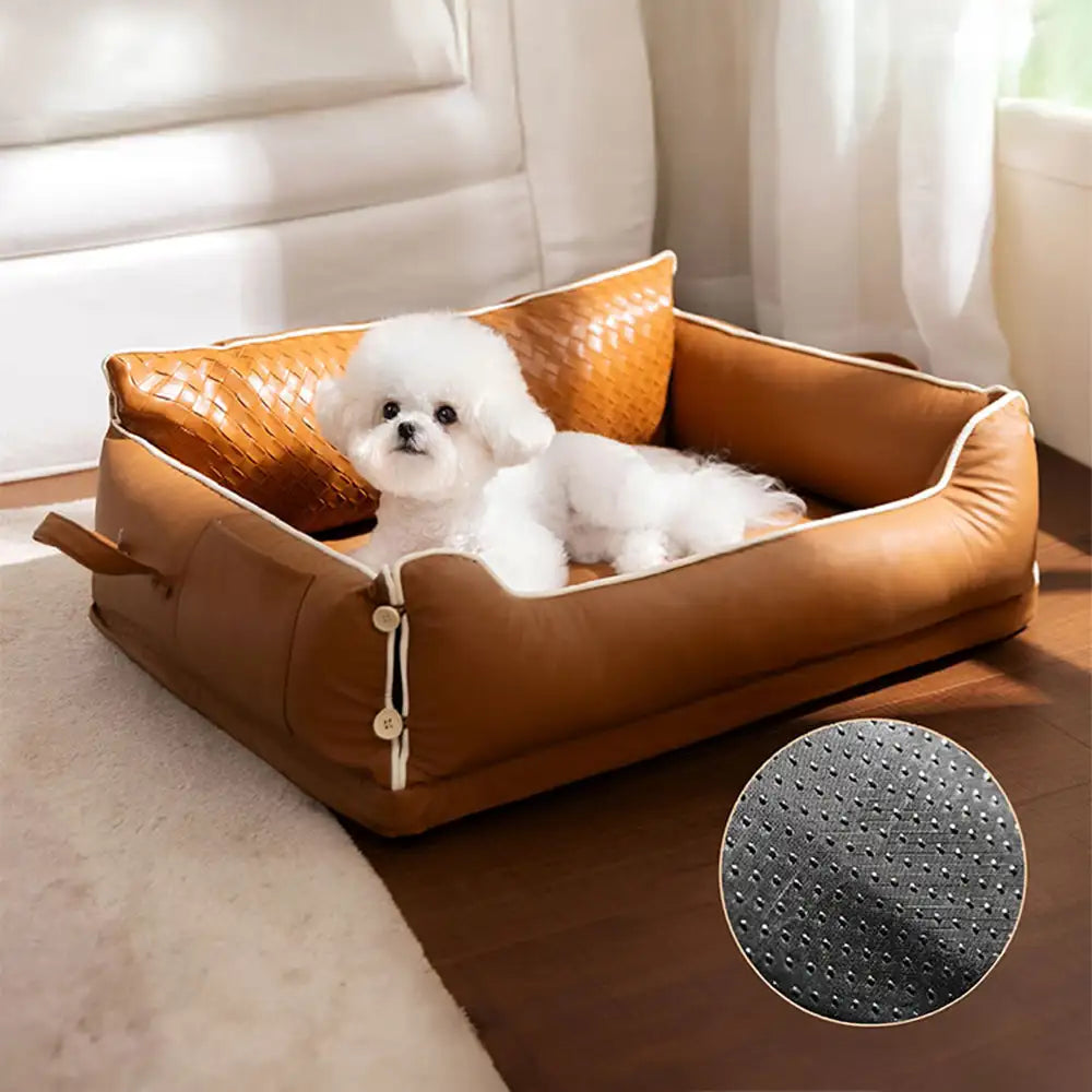 Letto per cani in pelle sintetica impermeabile con schienale protettivo in lattice