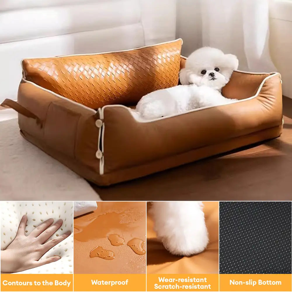 Letto per cani in pelle sintetica impermeabile con schienale protettivo in lattice