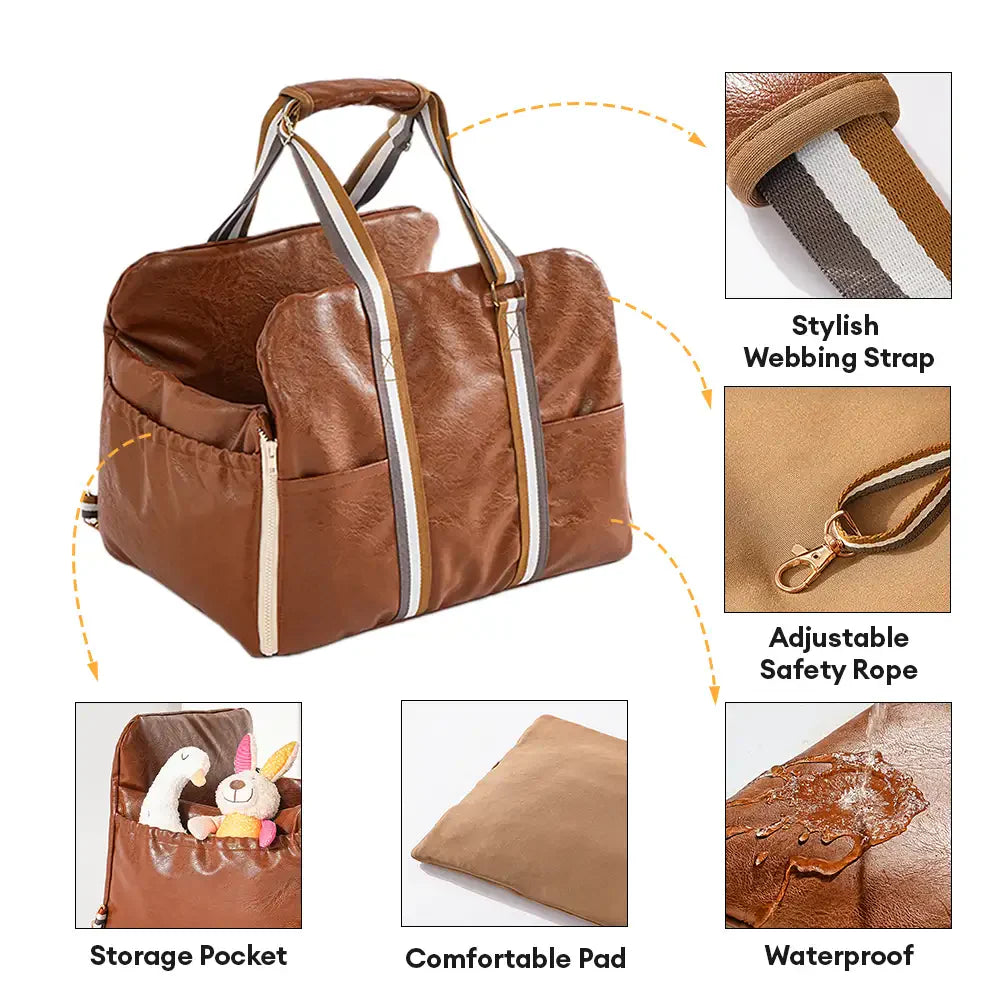 Seggiolino per auto e trasportino per animali domestici Deluxe in finta pelle con console centrale di sicurezza 3 in 1