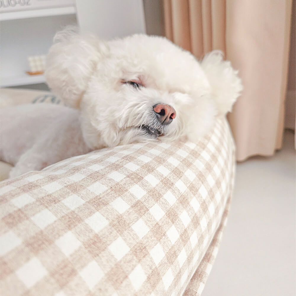 Letto per cani e gatti in microfibra impermeabile con supporto completo in canvas e pile corallo.
