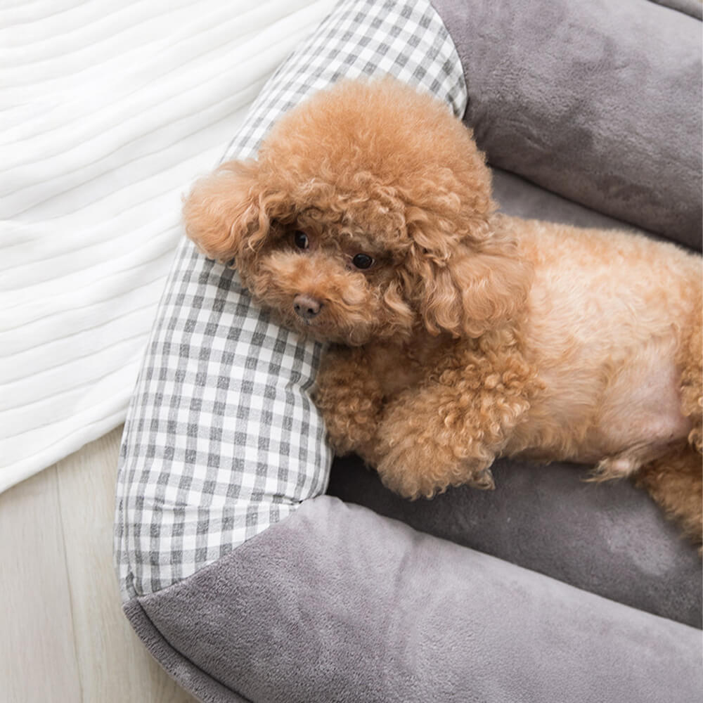 Letto per cani e gatti in microfibra impermeabile con supporto completo in canvas e pile corallo.