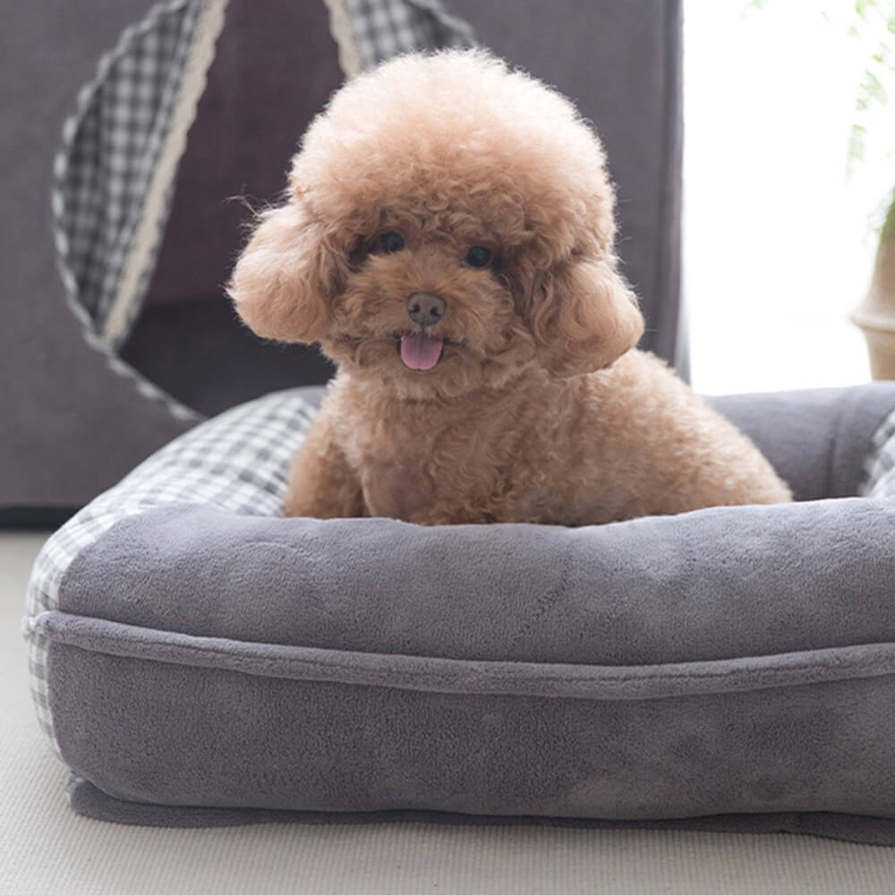 Letto per cani e gatti in microfibra impermeabile con supporto completo in canvas e pile corallo.