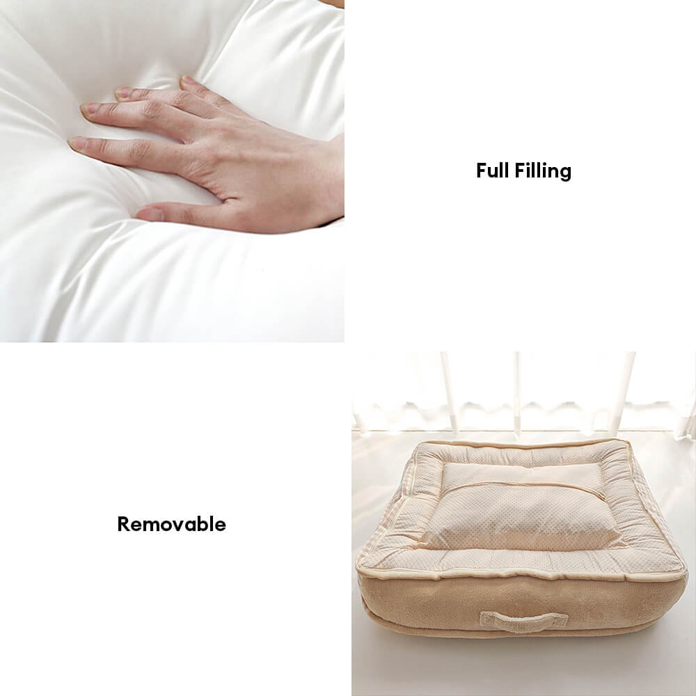 Letto per cani e gatti in microfibra impermeabile con supporto completo in canvas e pile corallo.