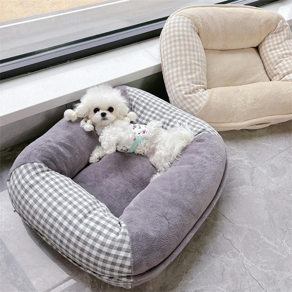 Letto per cani e gatti in microfibra impermeabile con supporto completo in canvas e pile corallo.