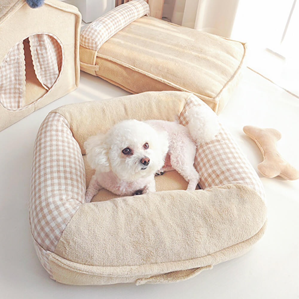 Letto per cani e gatti in microfibra impermeabile con supporto completo in canvas e pile corallo.