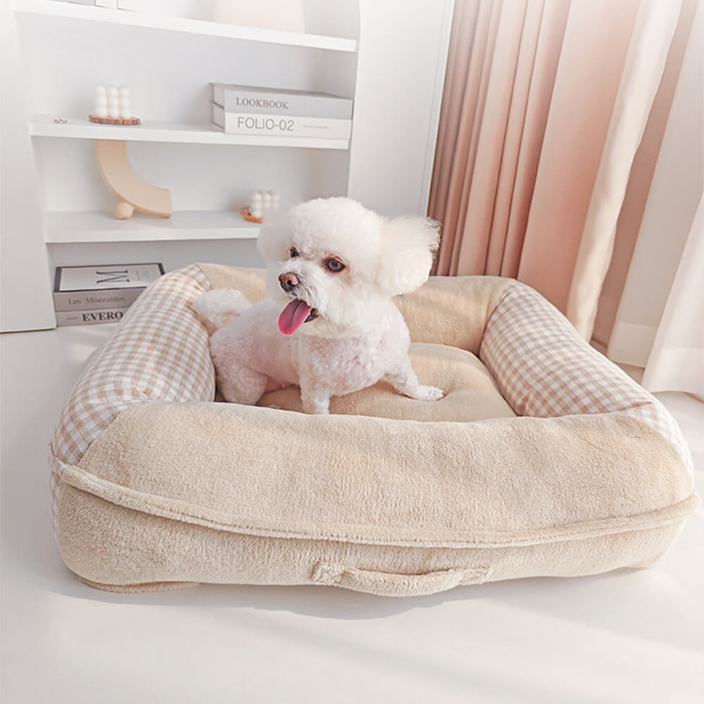 Letto per cani e gatti in microfibra impermeabile con supporto completo in canvas e pile corallo.