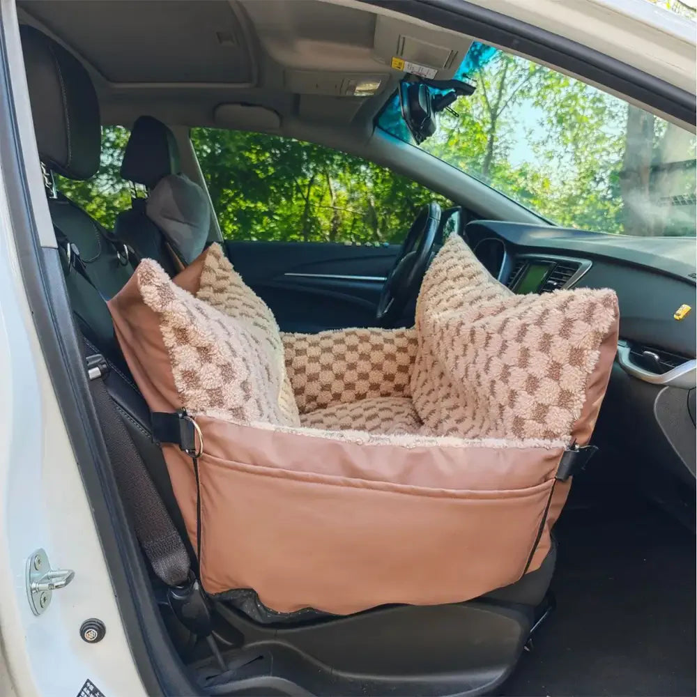 Seggiolino e trasportino per animali in finta pelle a scacchi per auto, 2 in 1.