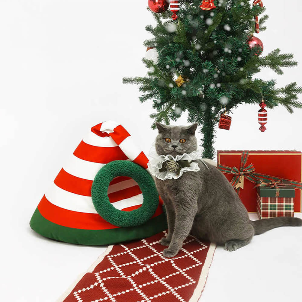 Cappello di Natale Classico Caldo Lavabile Letto per Gatti Semi-Chiuso