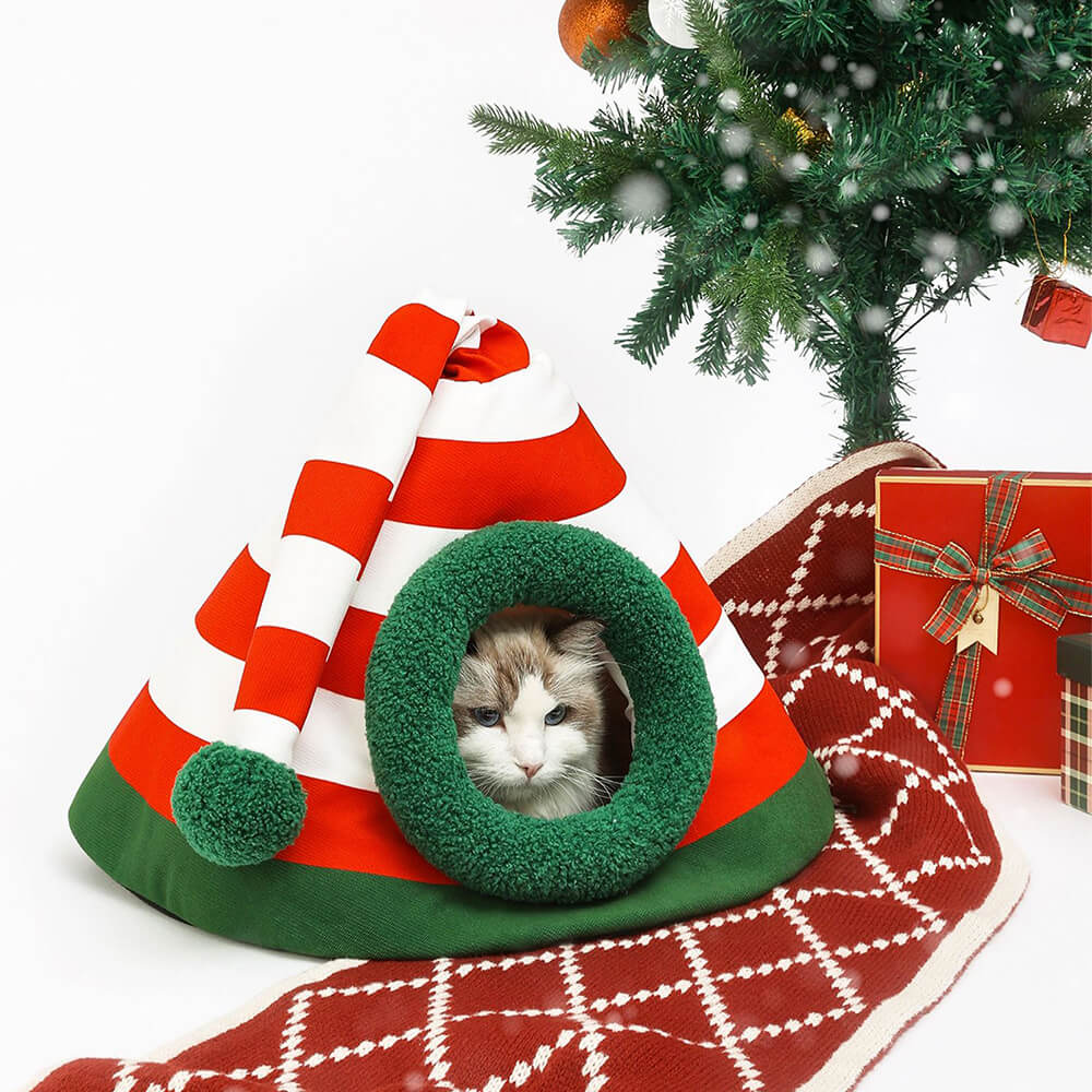 Cappello di Natale Classico Caldo Lavabile Letto per Gatti Semi-Chiuso