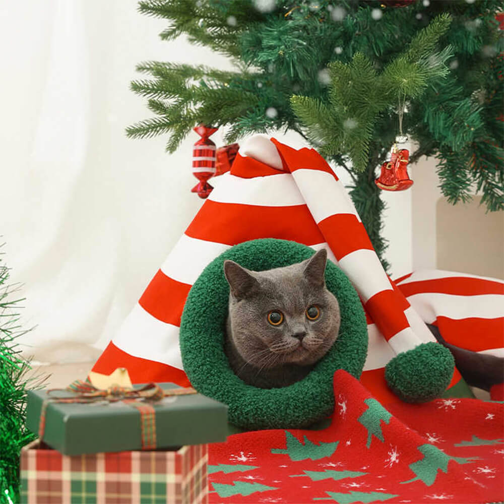 Cappello di Natale Classico Caldo Lavabile Letto per Gatti Semi-Chiuso