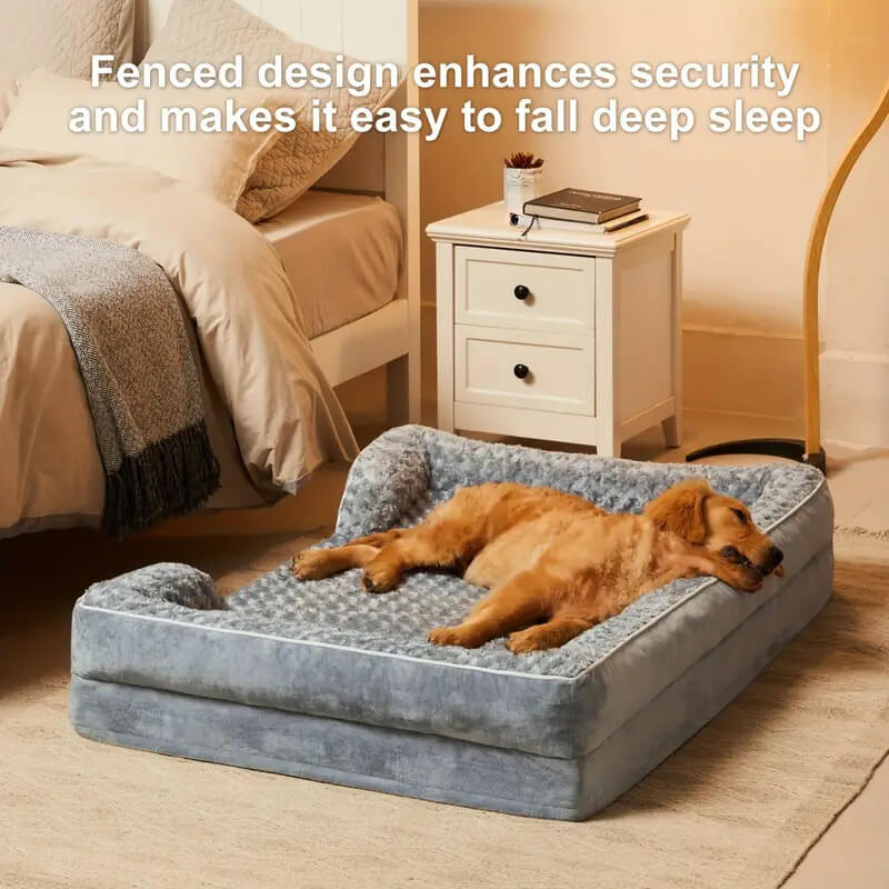 Letto ortopedico per cani impermeabile, completamente circondato e con supporto rimovibile.