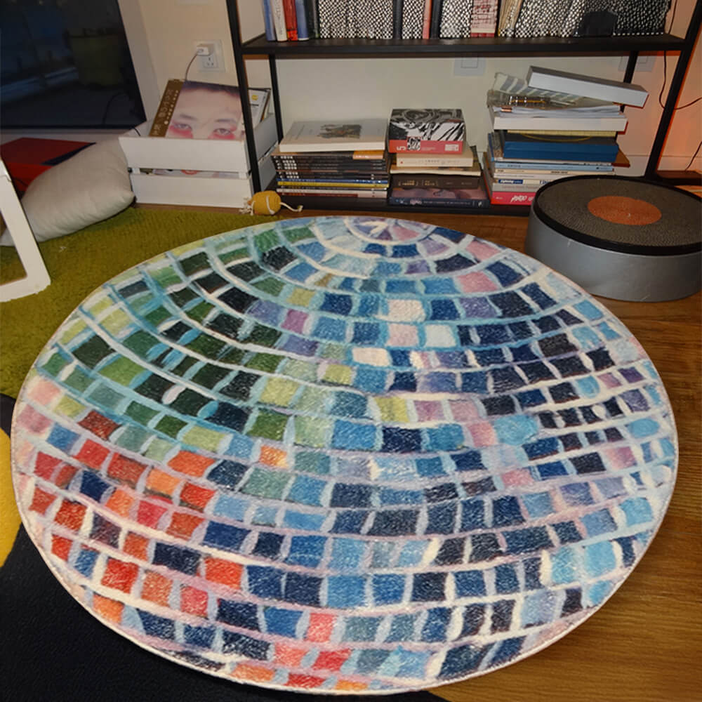 Tappeto rotondo in similcashmere con blocchi di colore a palla discoteca