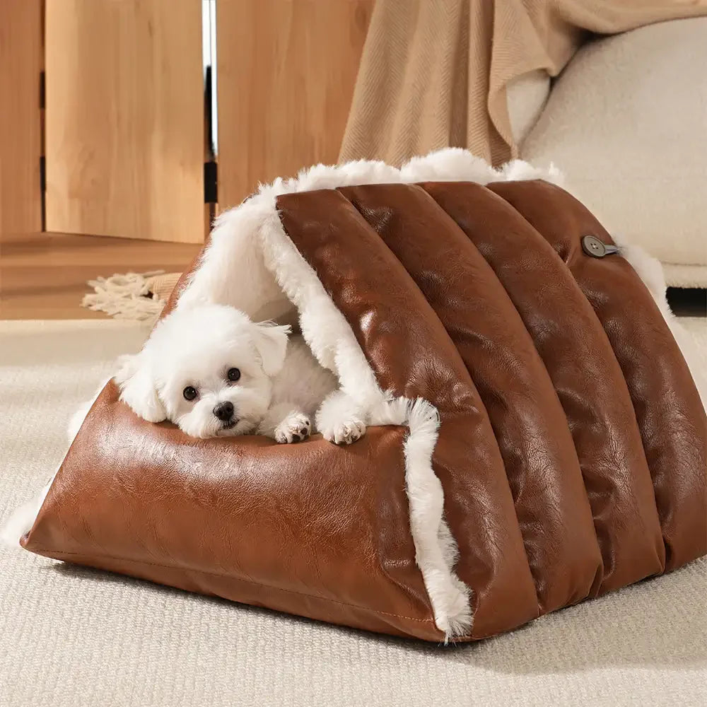 Letto per cani in pelle sintetica vintage multifunzionale, seggiolino auto per cani convertibile.
