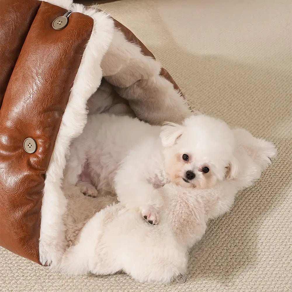 Letto per cani in pelle sintetica vintage multifunzionale, seggiolino auto per cani convertibile.