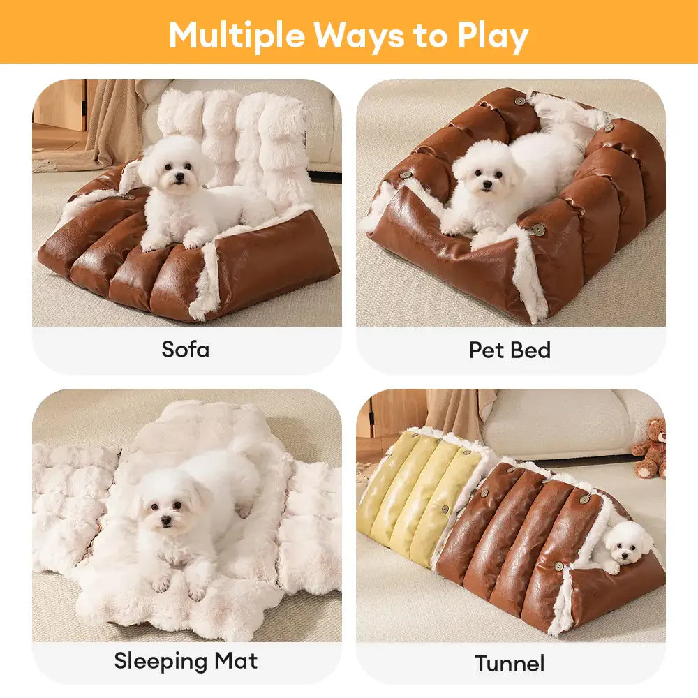 Letto per cani in pelle sintetica vintage multifunzionale, seggiolino auto per cani convertibile.
