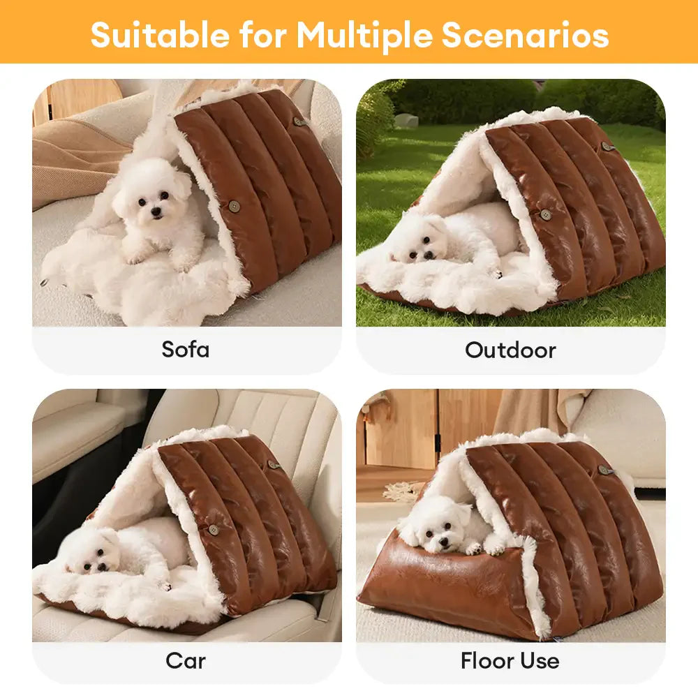 Letto per cani in pelle sintetica vintage multifunzionale, seggiolino auto per cani convertibile.