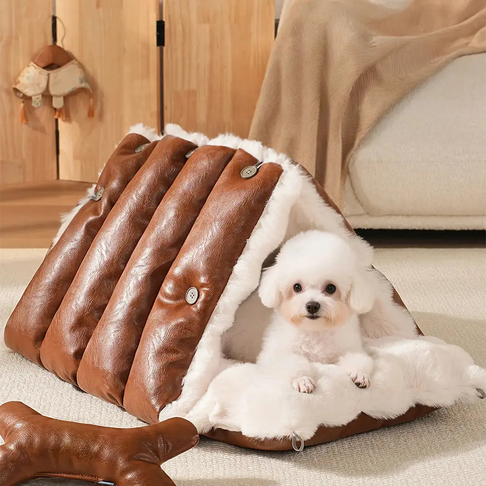 Letto per cani in pelle sintetica vintage multifunzionale, seggiolino auto per cani convertibile.