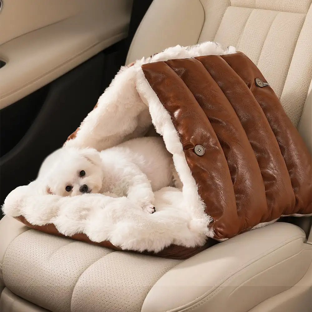 Letto per cani in pelle sintetica vintage multifunzionale, seggiolino auto per cani convertibile.