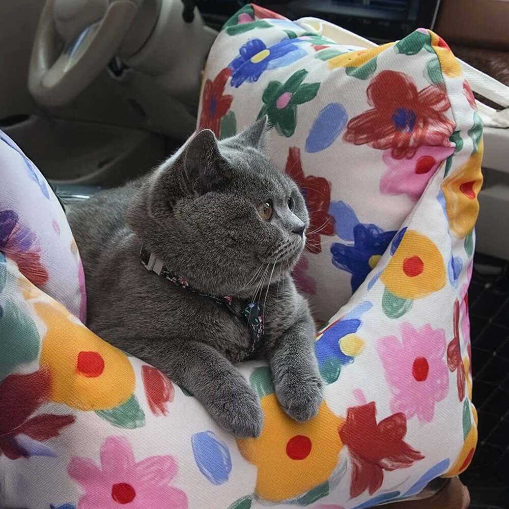 Letto da viaggio per cani con seggiolino auto sicuro, dipinto a mano con fiori