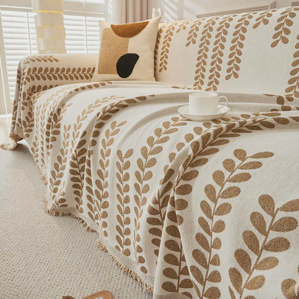 Copertura per Divano in Tessuto Chenille con Strisce a Foglia e Decorazione a Frange