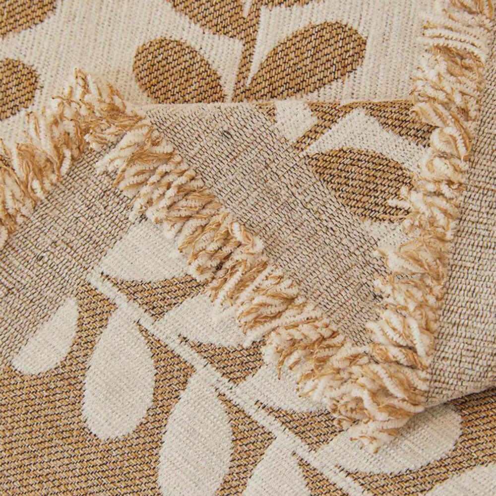 Copertura per Divano in Tessuto Chenille con Strisce a Foglia e Decorazione a Frange