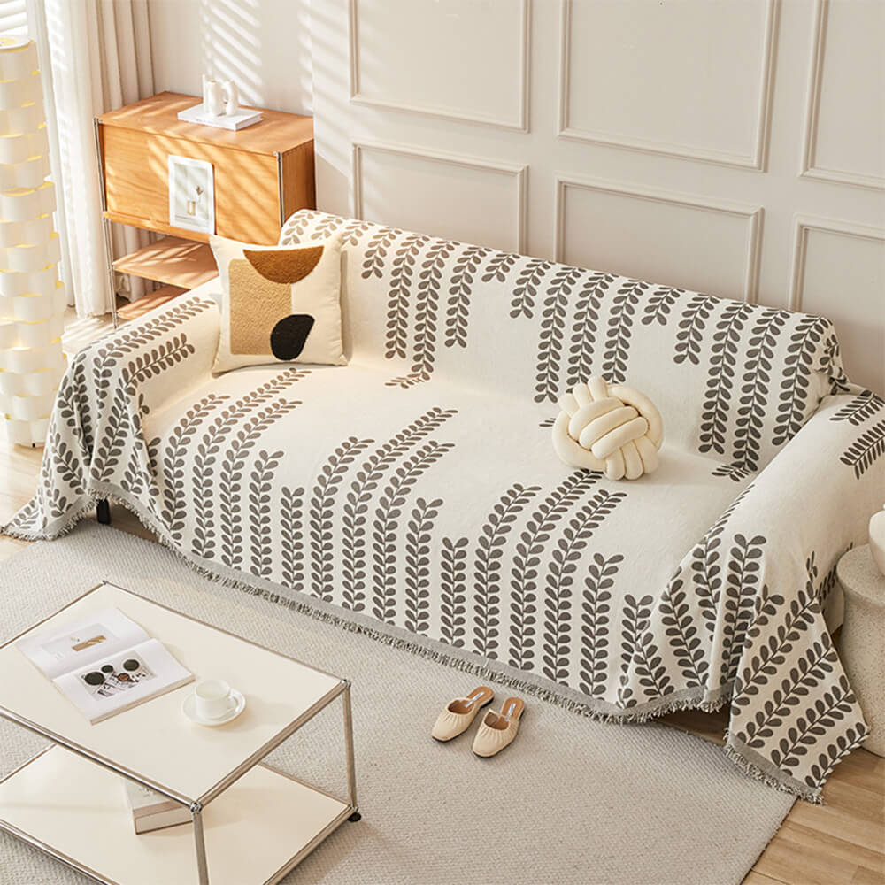 Copertura per Divano in Tessuto Chenille con Strisce a Foglia e Decorazione a Frange