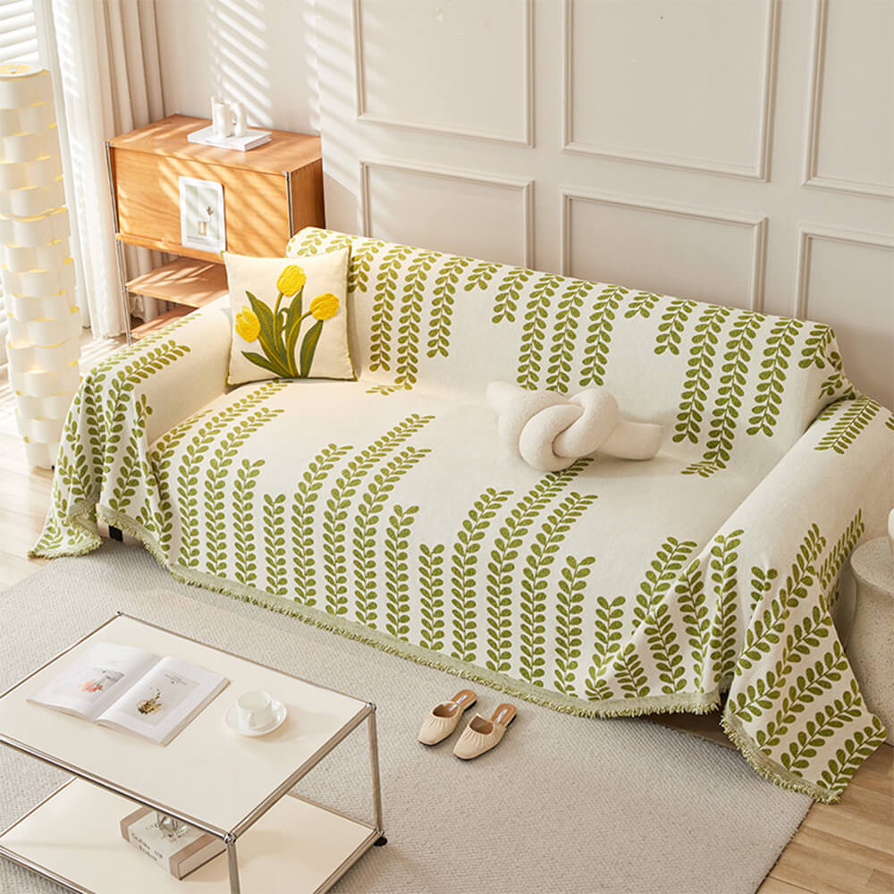 Copertura per Divano in Tessuto Chenille con Strisce a Foglia e Decorazione a Frange