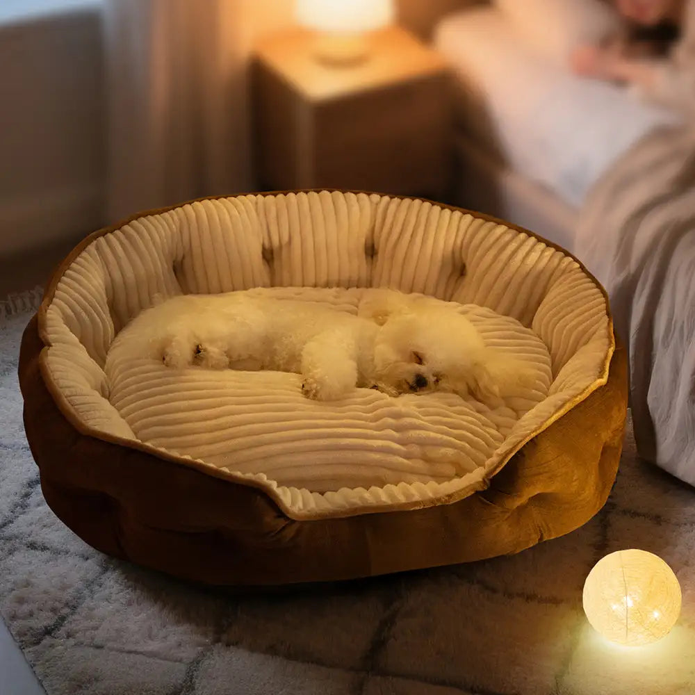 Letto per cani rotondo profondo e caldo in peluche, confortevole