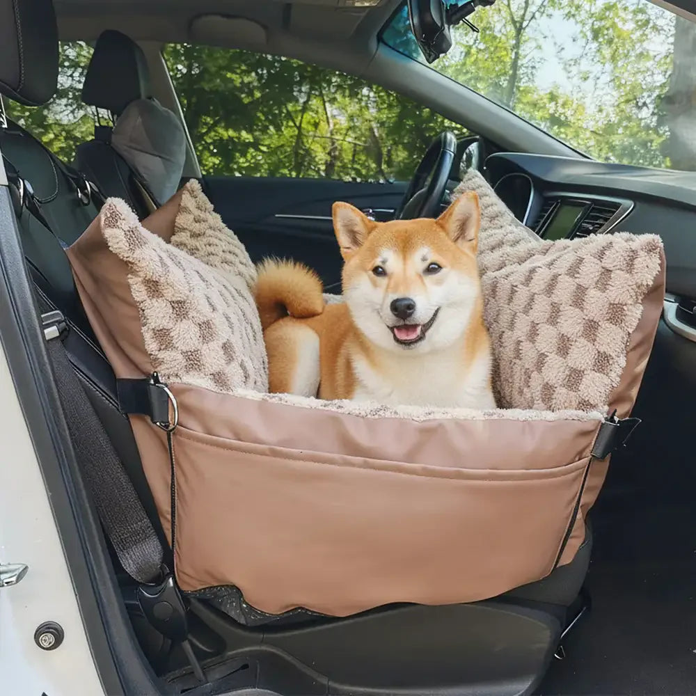 Seggiolino e trasportino per animali in finta pelle a scacchi per auto, 2 in 1.