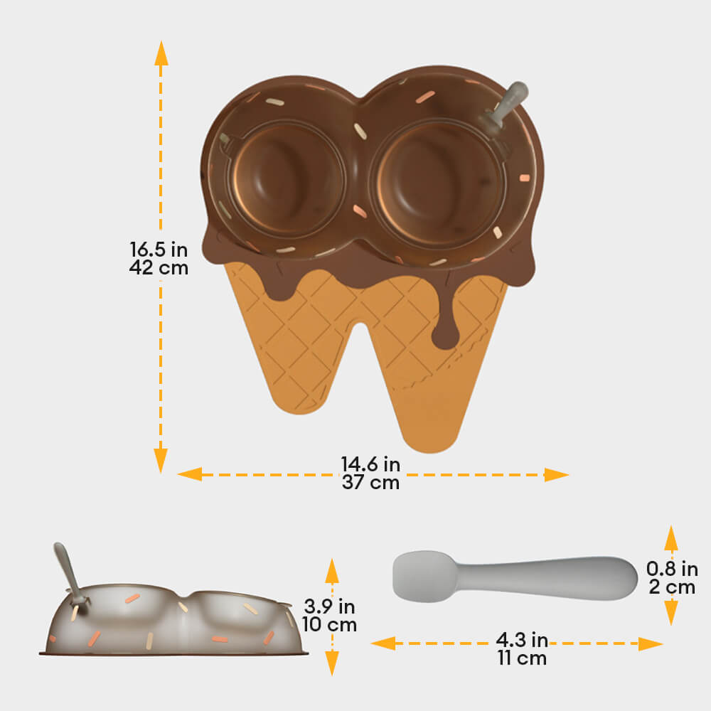 Ciotola per cani e gatti a tema gelato con doppio contenitore per cibo e acqua.