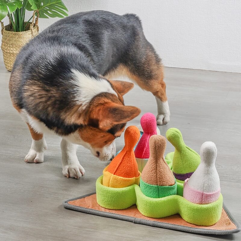 Giocattolo distributore di bocconcini per cani a puzzle interattivo di bowling
