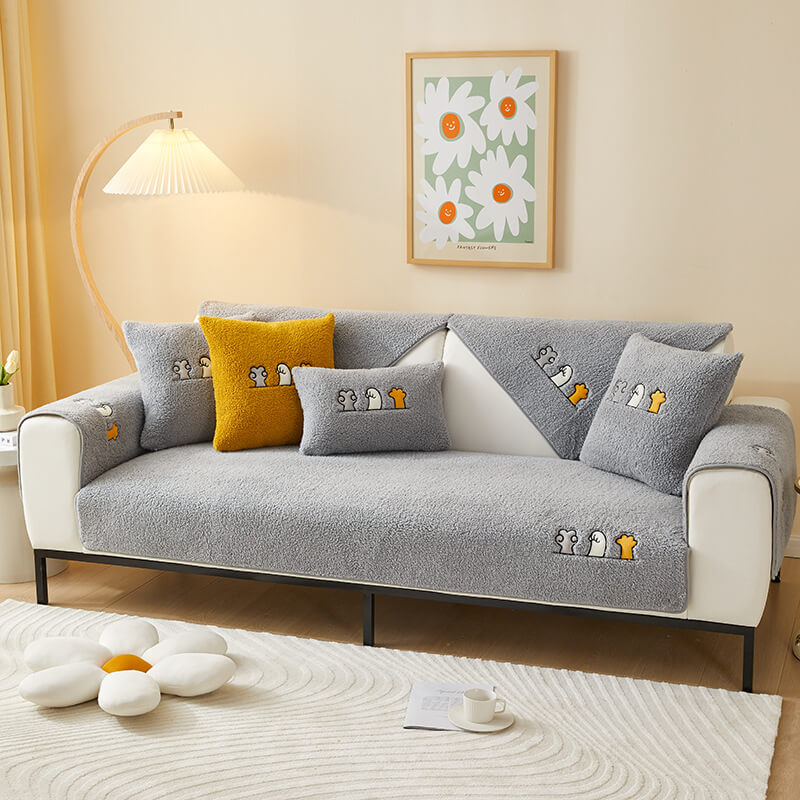 Copertura per divano antiscivolo in sherpa fleece con motivo zampa di gatto adorabile