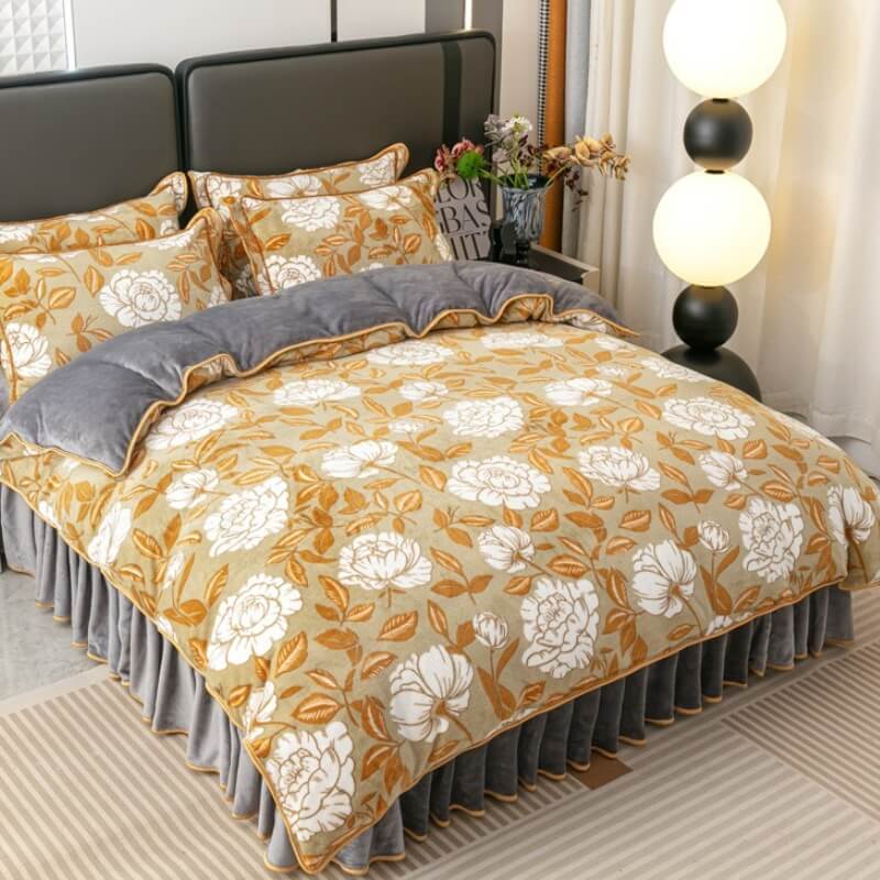 Set di lenzuola in morbido velluto di latte con motivo foglia moderna e balza per letto