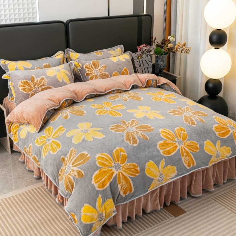 Set di lenzuola in morbido velluto di latte con motivo foglia moderna e balza per letto