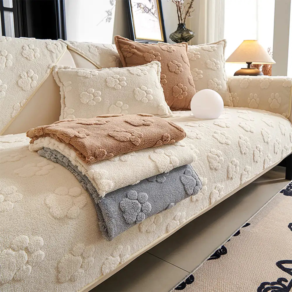 Copertura per divano non-slip in morbido peluche spesso con stampa di impronta di zampa carina.