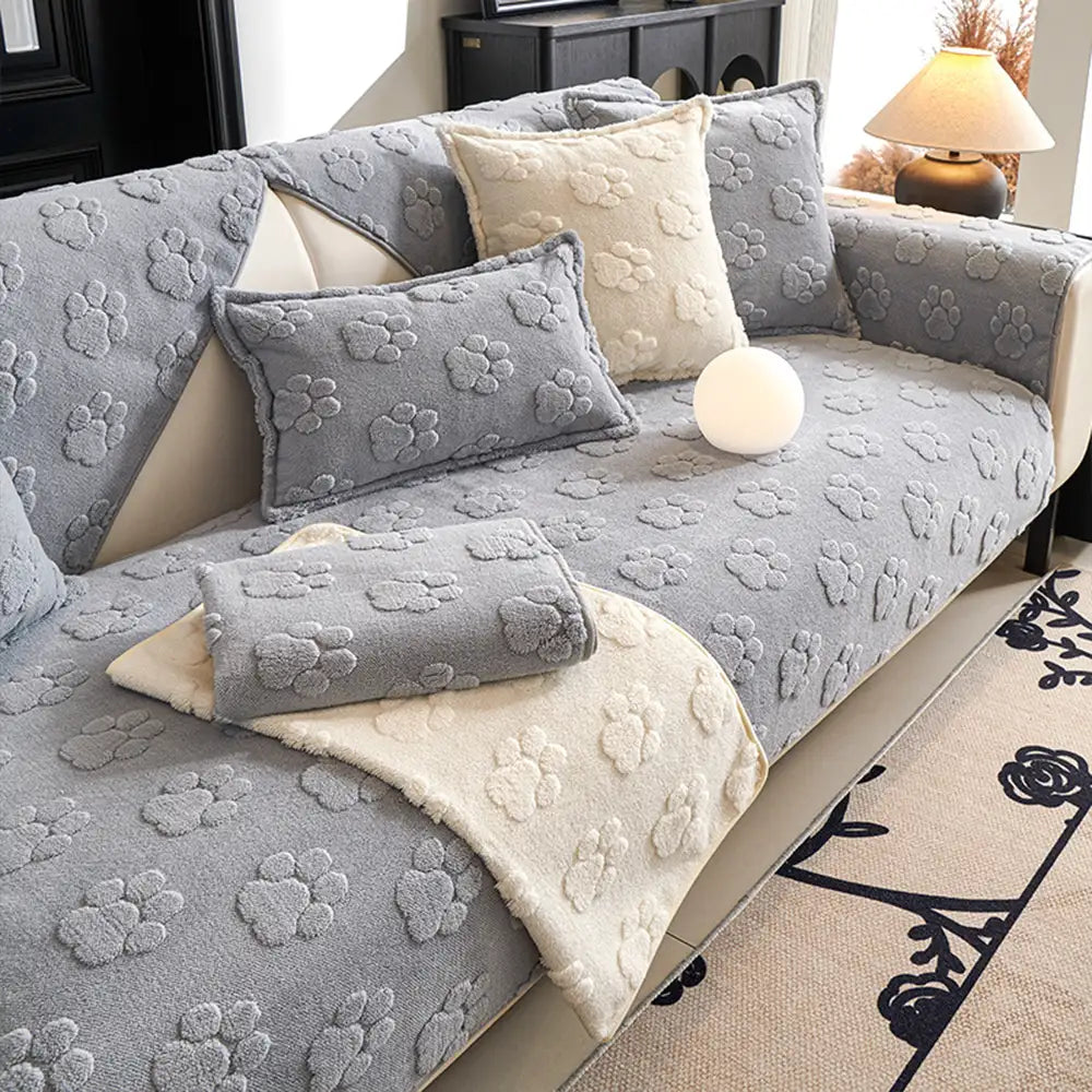 Copertura per divano non-slip in morbido peluche spesso con stampa di impronta di zampa carina.