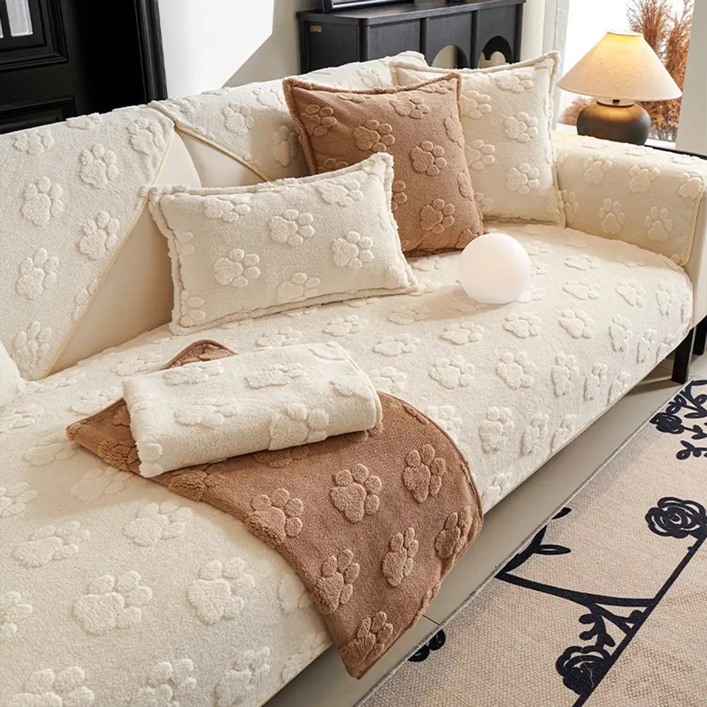 Copertura per divano non-slip in morbido peluche spesso con stampa di impronta di zampa carina.