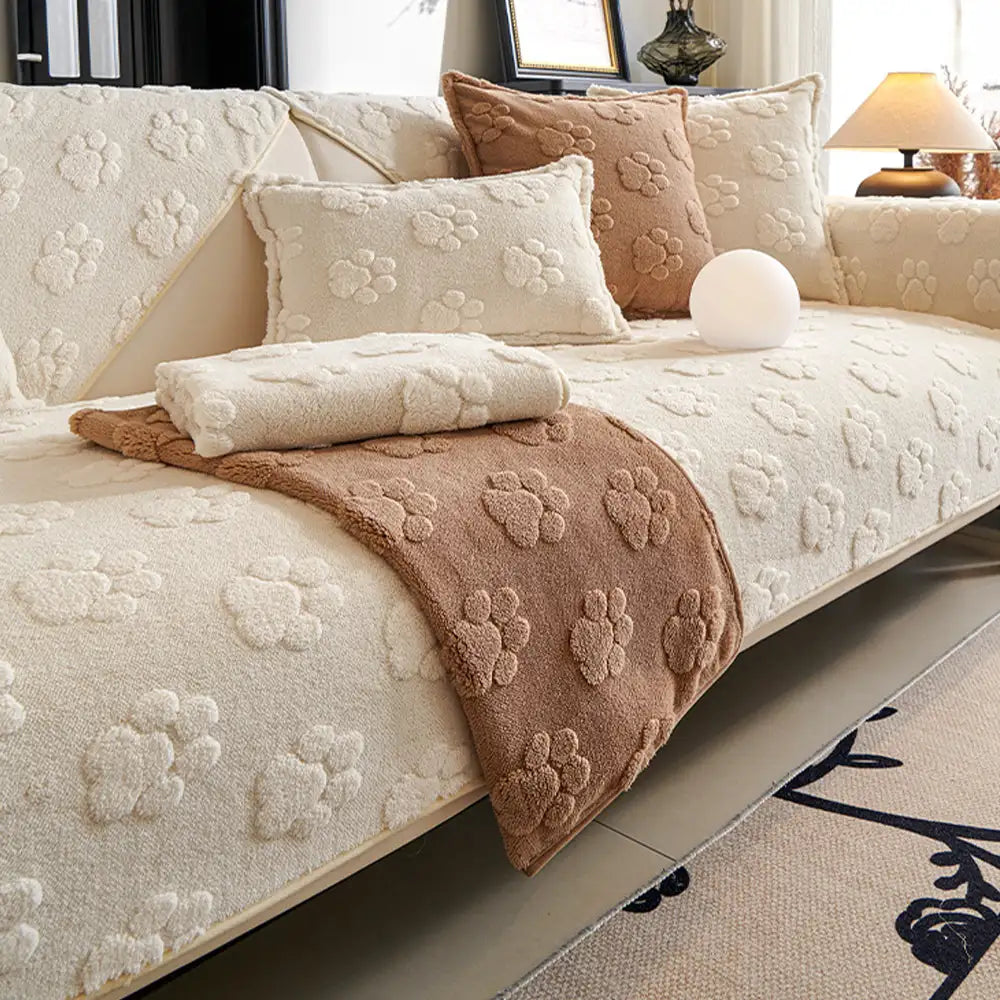 Copertura per divano non-slip in morbido peluche spesso con stampa di impronta di zampa carina.