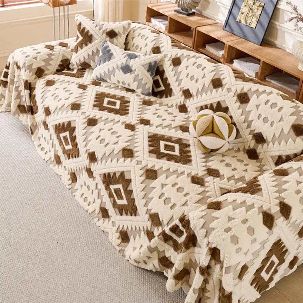 Coperta Decorativa in Pile Spessa con Motivo Geometrico per Mobili e Divano